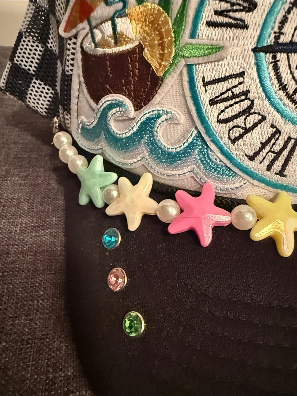 Embroidered Beach Compass Trucker Hat with Pastel Star Accents
